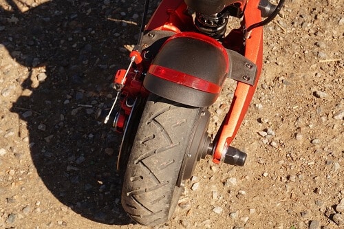 Close up of the 10 inch pneumatic tires fro the 10X