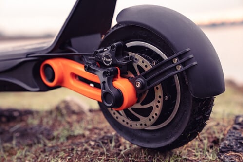 Inokim OXO Electric Scooter - rear tire, rear fender, rear hydraulic disc brake, close-up