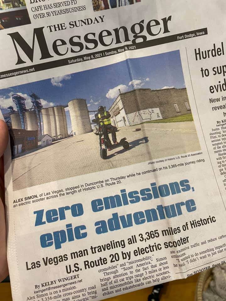 Photo of Alex Simon on front page of the Messenger, Ford Dodge, Iowa (USA) on 5/8/2021